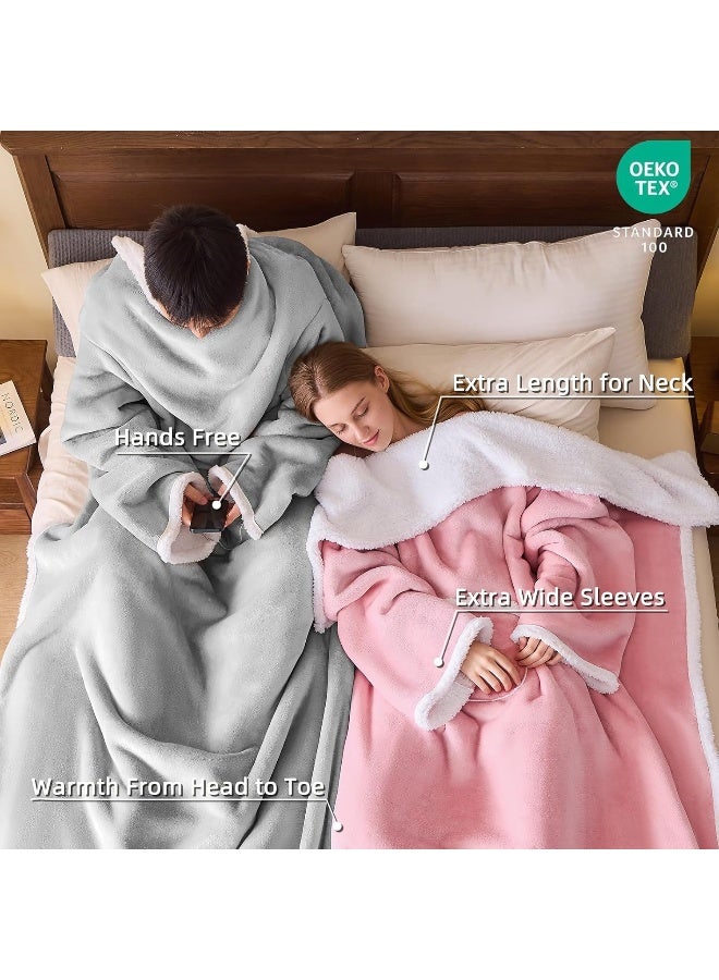 IFNOW Sherpa Wearable Blanket with Sleeves for Women Men Adults, Cozy Wearable Blanket with Arm and Pocket, Warm Full Body TV Wrap Throw Blanket, Soft Robe Blanket as Gifts for Mom Wife, Grey - Image 2
